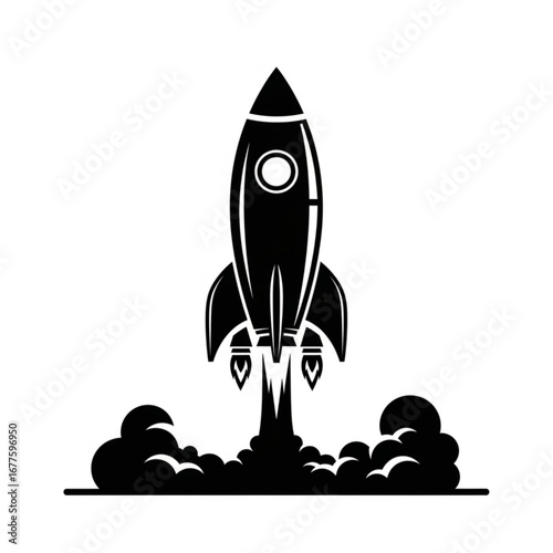 Black silhouette of a rocket launching with smoke and flames