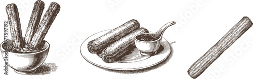 Tasty set of churros, vintage style. Black and white traditional spanish food isolated on white background.