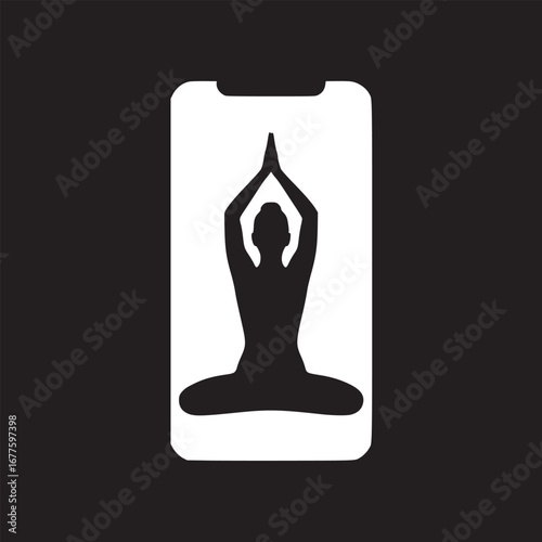 Silhouette of yoga pose on a phone screen against a black background in a minimalist style art