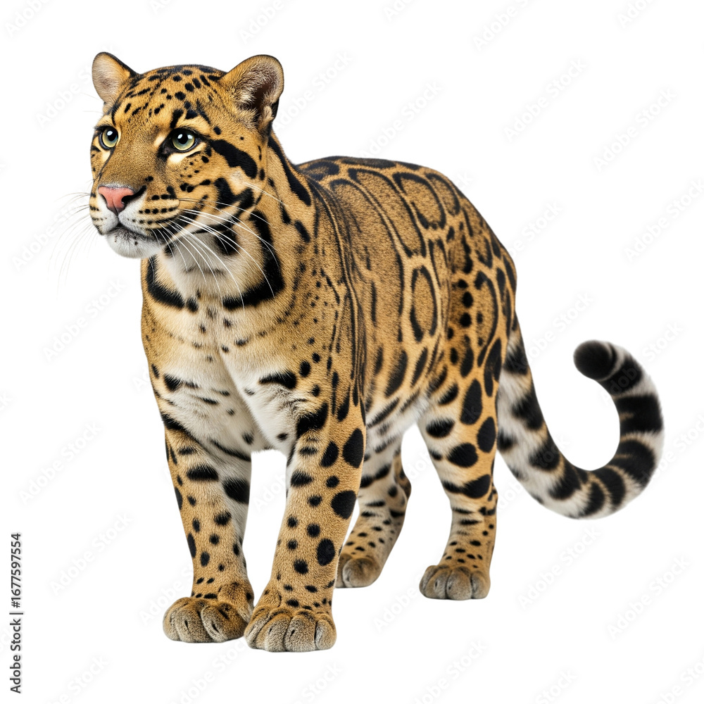 Obraz premium A Sunda Clouded Leopard is depicted in a full-body shot, isolated against a pristine white background.