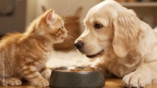 Kitten and Golden Retriever Puppy Sharing Food - An adorable ginger kitten watches intently as a Golden Retriever puppy enjoys its meal from a bowl on the floor.