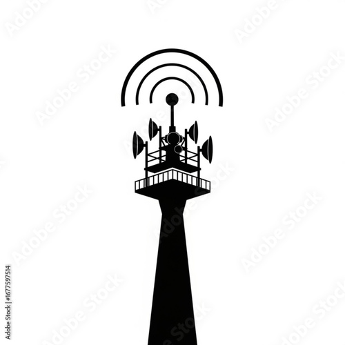 Black silhouette of a telecommunications tower with signal waves