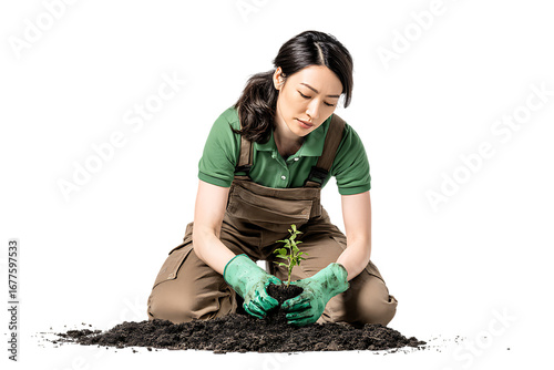 Woman plants seedling, nurturing growth & environmental sustainability.