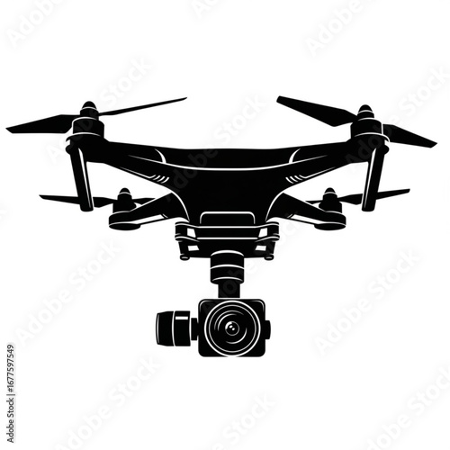 Modern drone with camera in flight isolated on white background