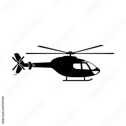 Black silhouette of a modern helicopter in flight on a white background