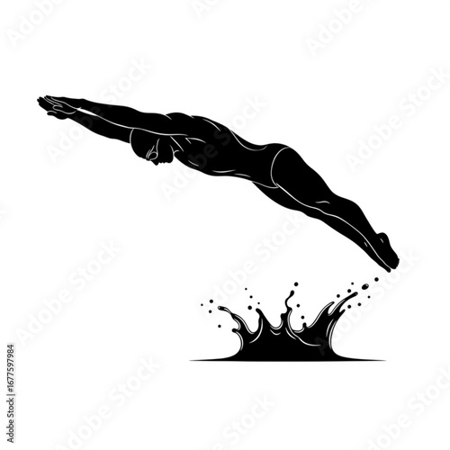 Silhouette of a swimmer diving into water with splash