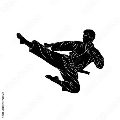 Karate fighter performing a flying side kick in a black silhouette