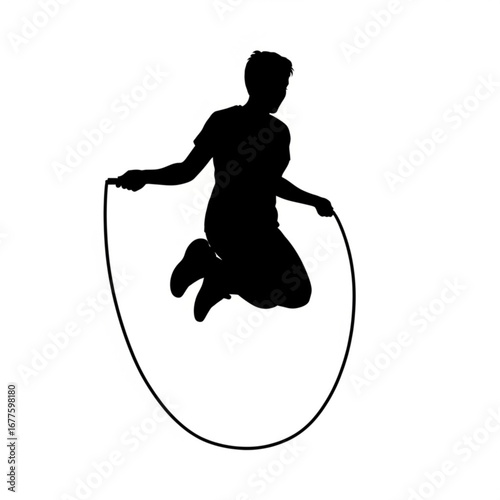 Silhouette of a young person jumping rope in mid air