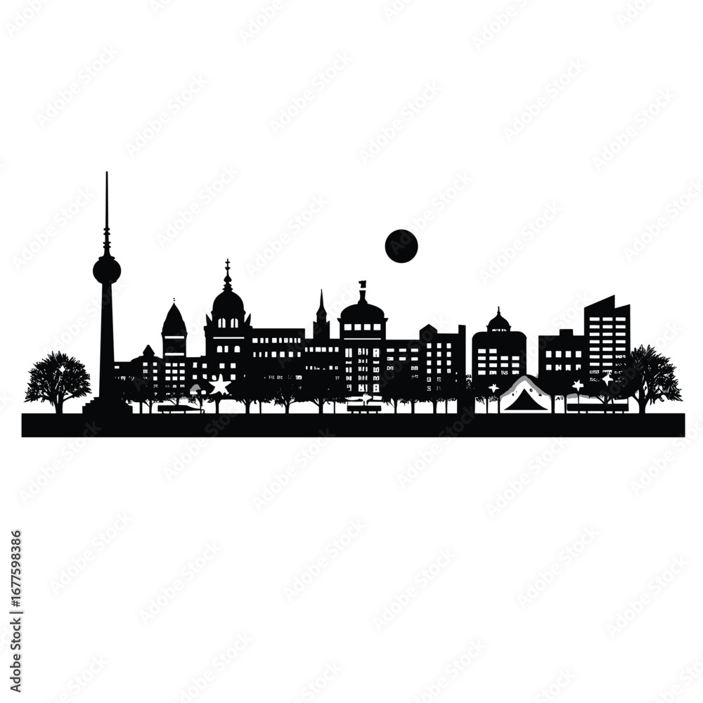 Fototapeta premium Black silhouette of a city skyline with a tall tower and moon