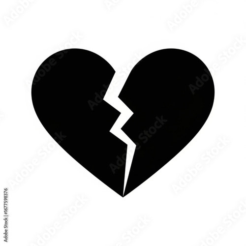 Simple black broken heart icon with white crack
