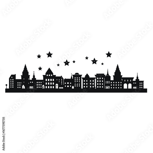 Silhouette of a european city skyline with stars