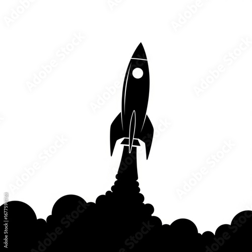 Black silhouette of a rocket launching with smoke and clouds