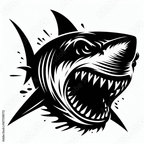 Fierce great white shark head aggressively biting underwater with sharp teeth and menacing expression