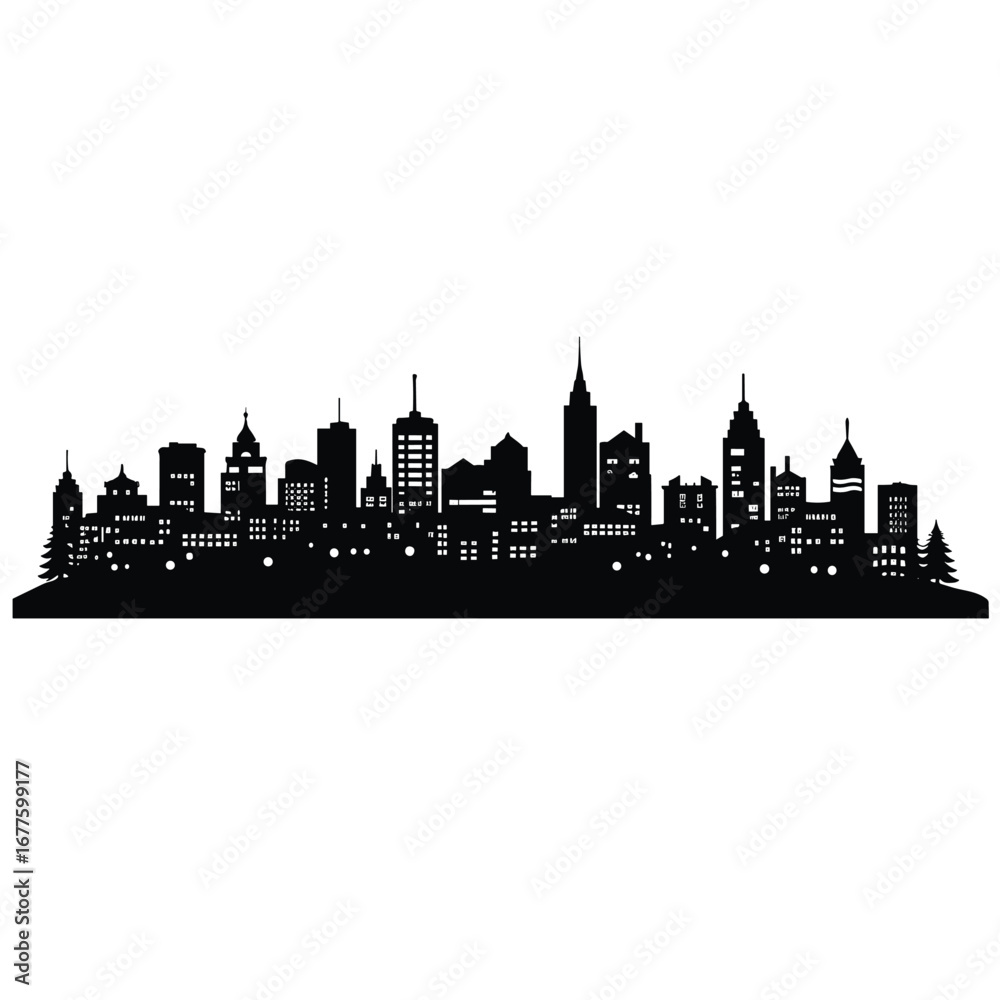 Naklejka premium Black silhouette of a sprawling city skyline at dusk