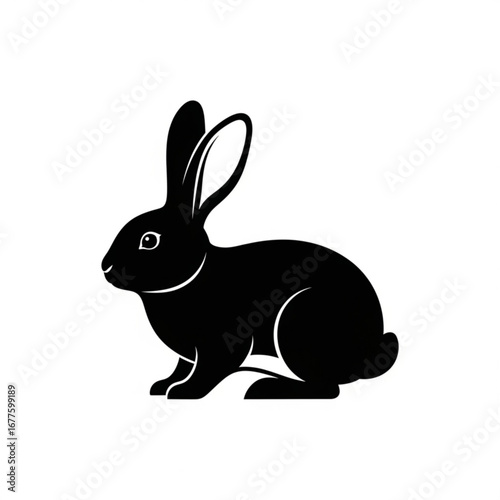 Simple black silhouette of a rabbit sitting on a white background