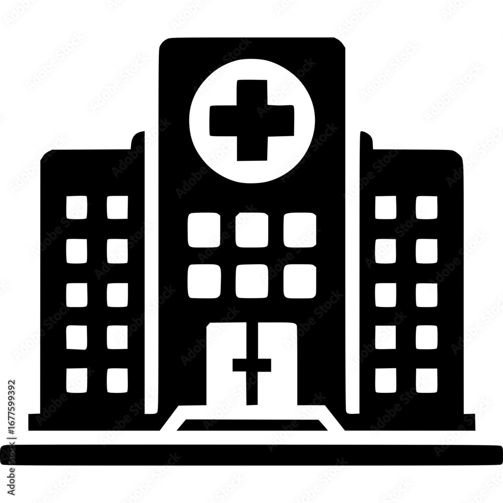 Obraz premium Hospital Silhouette Icon: A stark silhouette of a modern hospital building, emblem of healthcare and hope.