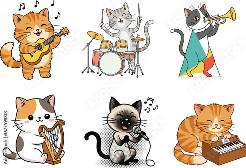 Cute cartoon cats playing musical instruments, guitar, drums, trumpet, harp, singing microphone, piano, fun feline band illustration, music, entertainment, kids design