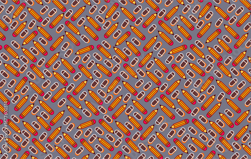 Seamless pattern illustration featuring colorful school supplies including pencils and erasers. Perfect foreducational themes,back-to-school concepts, stationery backgrounds, and creative decorative.