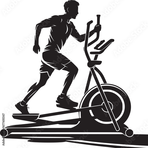 Silhouette of a man using an elliptical machine for exercise in a black and white image format