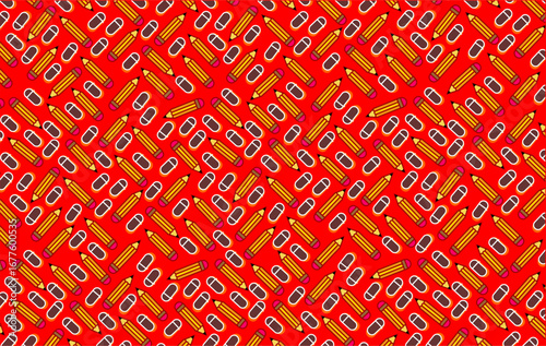 Seamless pattern illustration featuring colorful school supplies including pencils and erasers. Perfect foreducational themes,back-to-school concepts, stationery backgrounds, and creative decorative.