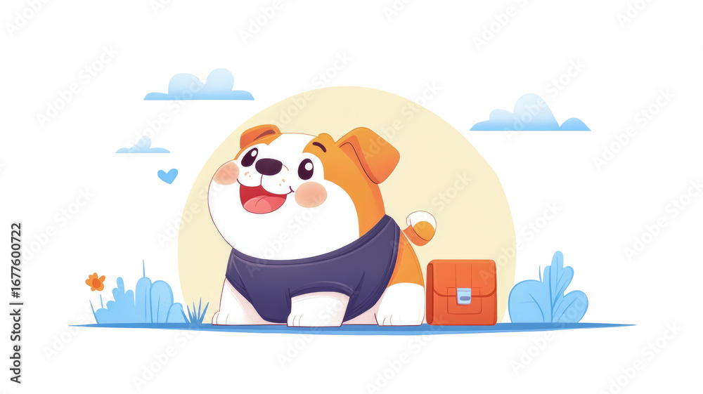 Naklejka premium Delightful cartoon illustration of happy, chubby bulldog wearing blue shirt, sitting peacefully outdoors next to orange satchel under serene sky with soft clouds and stylized foliage.