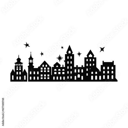 Black silhouette of a historic european city skyline with stars