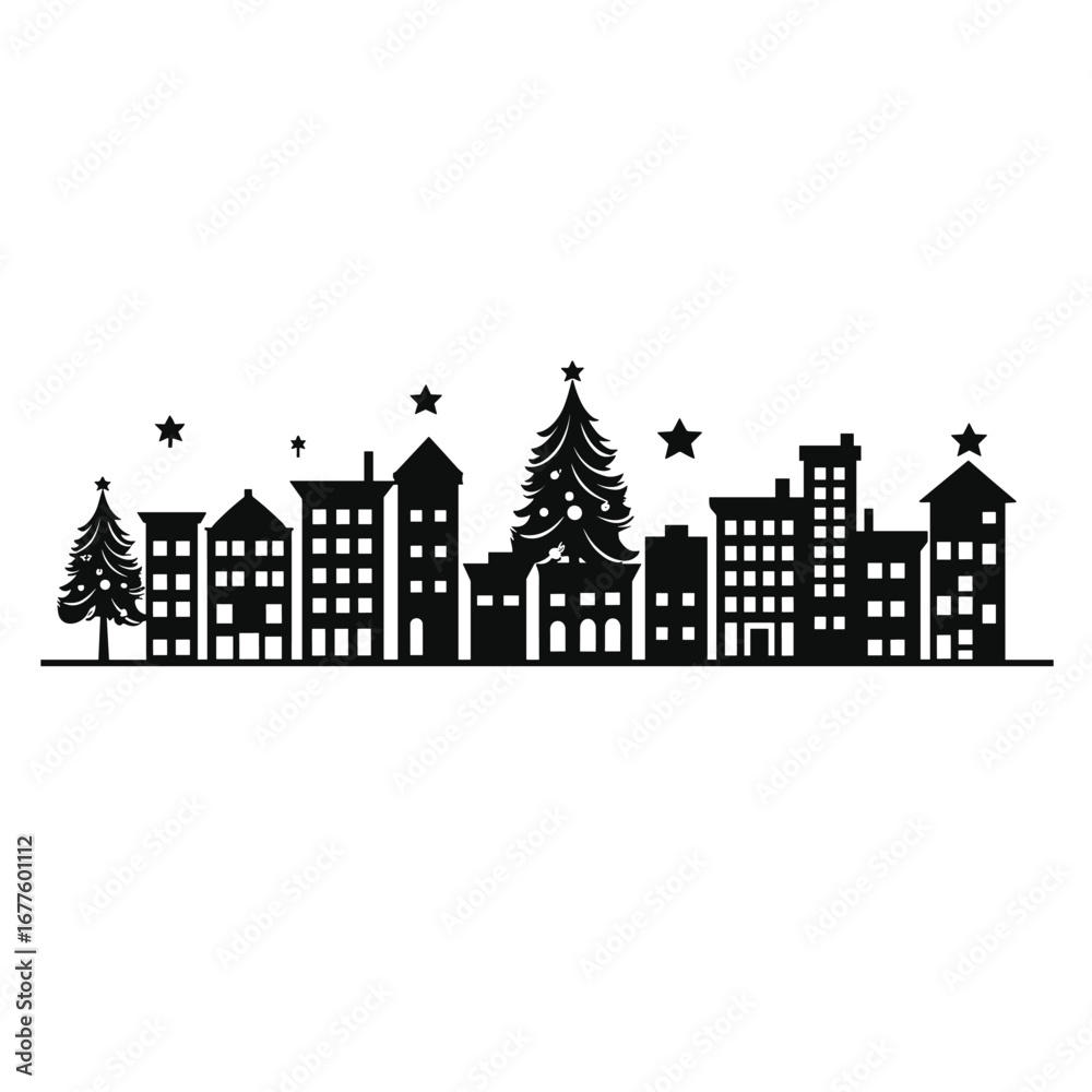 Fototapeta premium Black silhouette of a festive christmas village with a tall decorated tree