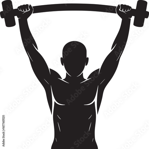 Silhouette of a muscular man lifting a barbell overhead in a fitness or gym related illustration