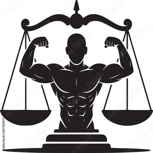 Silhouette of muscular man balancing scales of justice on his shoulders in black and white design