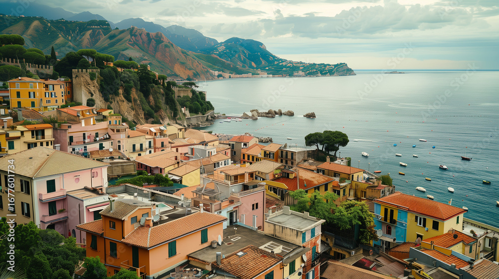 Obraz premium This coastal town showcases vibrant houses perched along the shoreline. Boats dot the calm waters as distant mountains provide a stunning backdrop