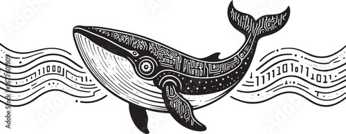 Black and white illustration of a whale with intricate patterns and binary code waves vector