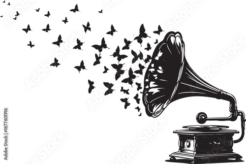 Black silhouette of vintage gramophone with butterflies flying out music sound