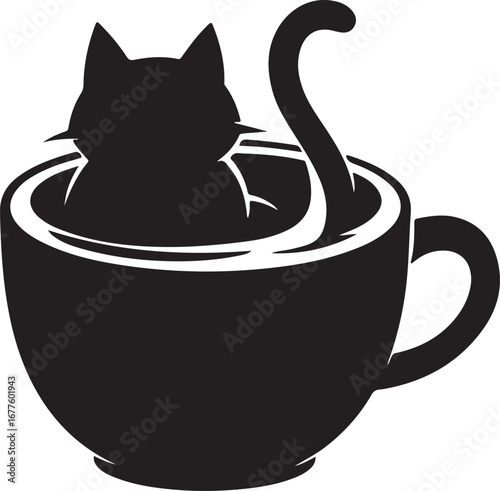 Black silhouette of a cat sitting in a coffee cup kitten