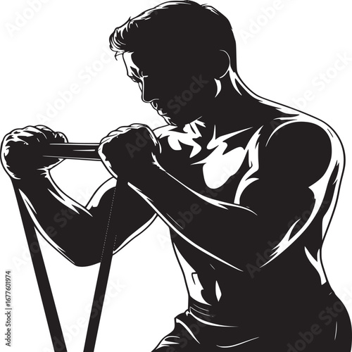 Silhouette of a muscular man exercising with a resistance band against a white background art style