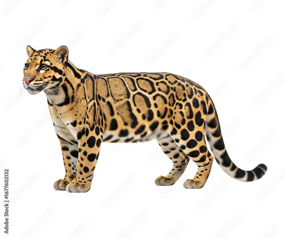 Obraz premium A Sunda Clouded Leopard is shown from a side view, standing on a clean white background.