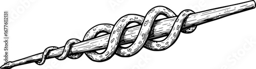 Rod of Asclepius staff medical symbol. Snake around rod or wooden staff. Often mistakenly called Caduceus. Doctor medicine and health care icon. Vintage woodcut etching style. Also features wings.