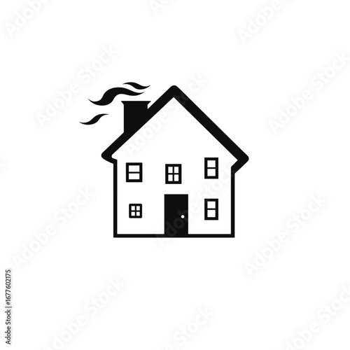 Simple black and white drawing of a house with smoke coming from chimney