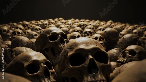 Mass Grave of Skulls - A vast expanse of human skulls fills the frame, creating a haunting and unsettling scene. The skulls are predominantly dark brown, and the overall mood is somber and mysterious.
