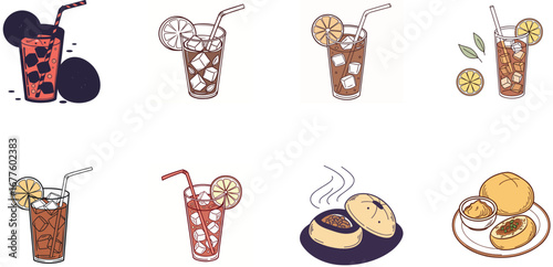 Hand drawn vector illustration of Indian street food and drinks set including samosa, pakora, momo dumplings, pani puri, cold drinks, ginger ale, juice and coffee – colorful cartoon snack icons for re