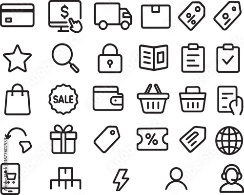 Collection of simple hand-drawn e-commerce and online shopping icons featuring delivery truck shopping cart credit card gift box and more