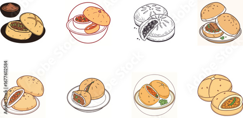 Hand drawn vector illustration of Indian street food and drinks set including samosa, pakora, momo dumplings, pani puri, cold drinks, ginger ale, juice and coffee – colorful cartoon snack icons for re