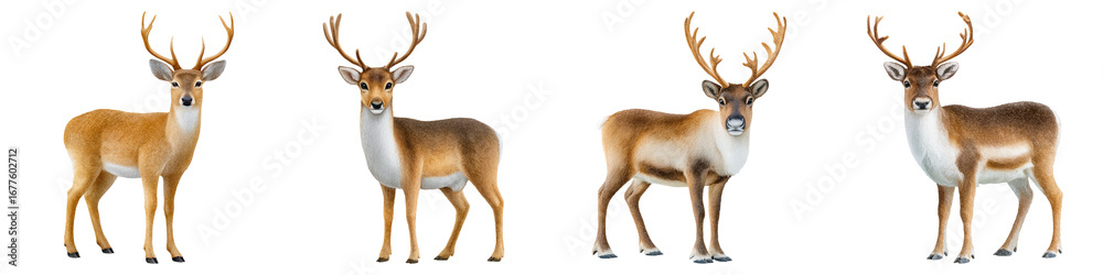 Fototapeta premium Nordic Christmas watercolor style, Four illustrations of deer showcasing different poses and details of their antlers and fur.