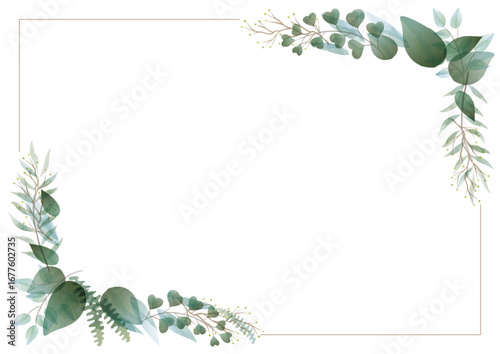 Elegant Botanical Frame: Delicately arranged, verdant leaves and sprigs form an elegant botanical frame, a visual ode to nature's refined beauty. Ideal for adding a touch of sophisticated beauty.
