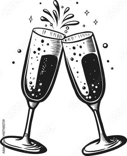 Two champagne glasses clinking with bubbles and sparkles