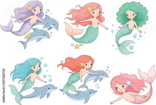 Cute mermaid girls swimming with dolphins, colorful fantasy sea creatures, underwater ocean magic, kids friendly illustration, playful mermaid characters, vector cartoon design