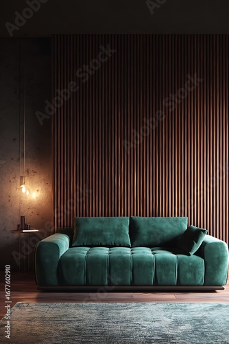 A modern living room interior featuring a deep teal velvet sofa against a warm wooden wall paneling.