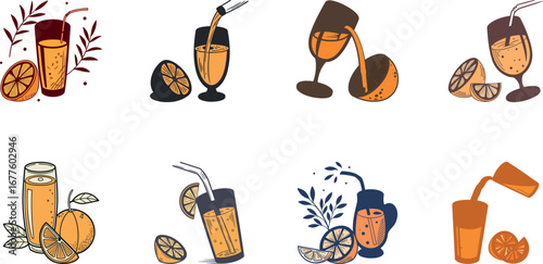 Hand drawn vector illustration of Indian street food and drinks set including samosa, pakora, momo dumplings, pani puri, cold drinks, ginger ale, juice and coffee – colorful cartoon snack icons for re