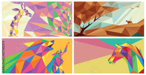 A Collection of Four Modern Animal and Nature Illustrations, Featuring a Giraffe, Wolves, and Horses, Created in a Colorful, Geometric, Low Poly and Polygonal Art Style