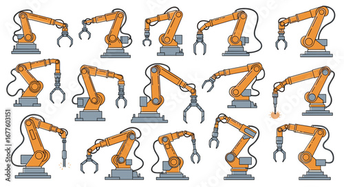 Collection of industrial robotic arms in various manufacturing assembly line positions demonstrating automated precision engineering and advanced technology