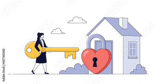 Securing your cherished home with the perfect key and a symbol of love guarding it safely